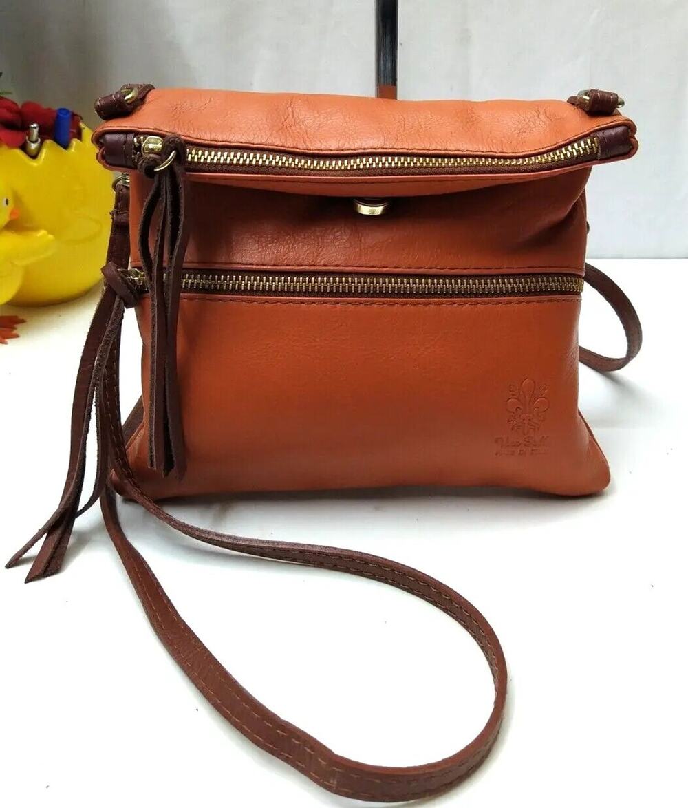 Vera Pelle Orange Leather Zipper Closure Crossbody Bag - Made in Italy